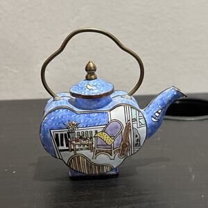 Vintage Miniature Empress Arts Enamel Blue Teapot Guitar Sailboat Couch